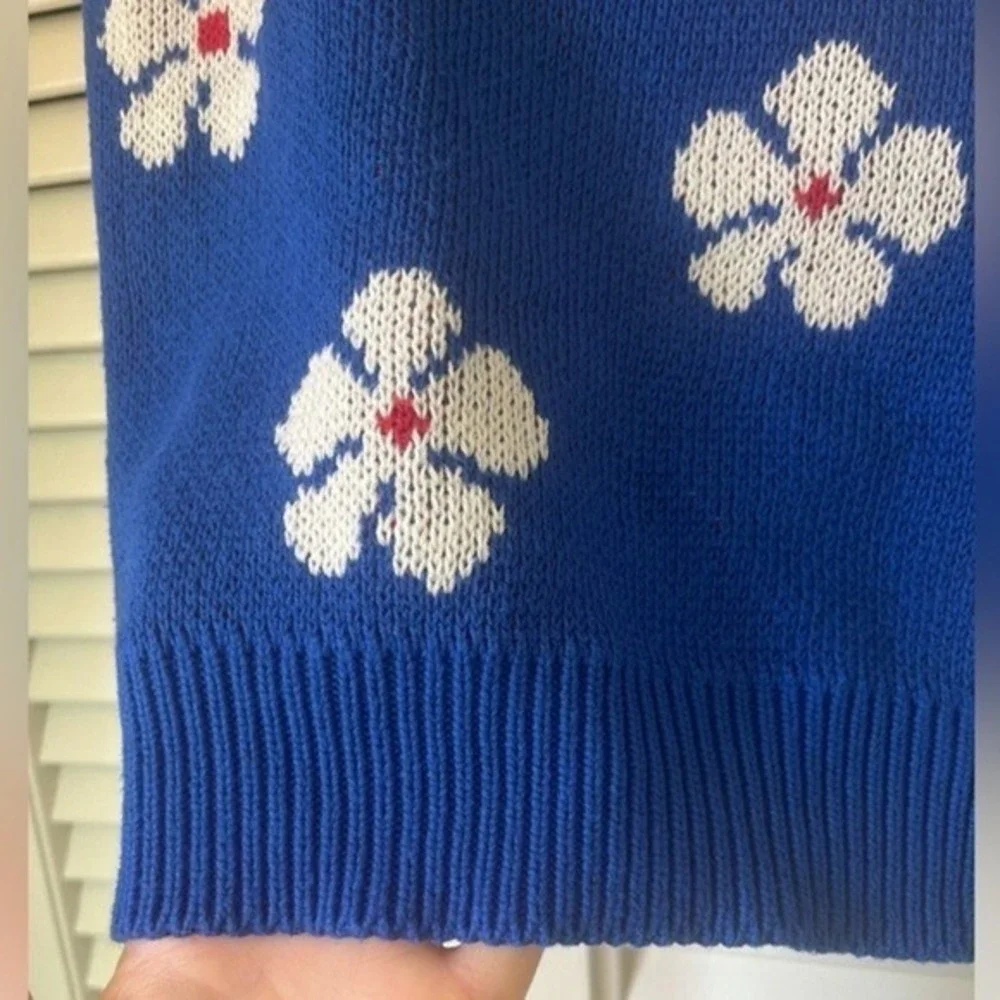 Knit Cropped Sweater Tank Cami Flowers Bright Blue‎ 90s Y2K Sz Small